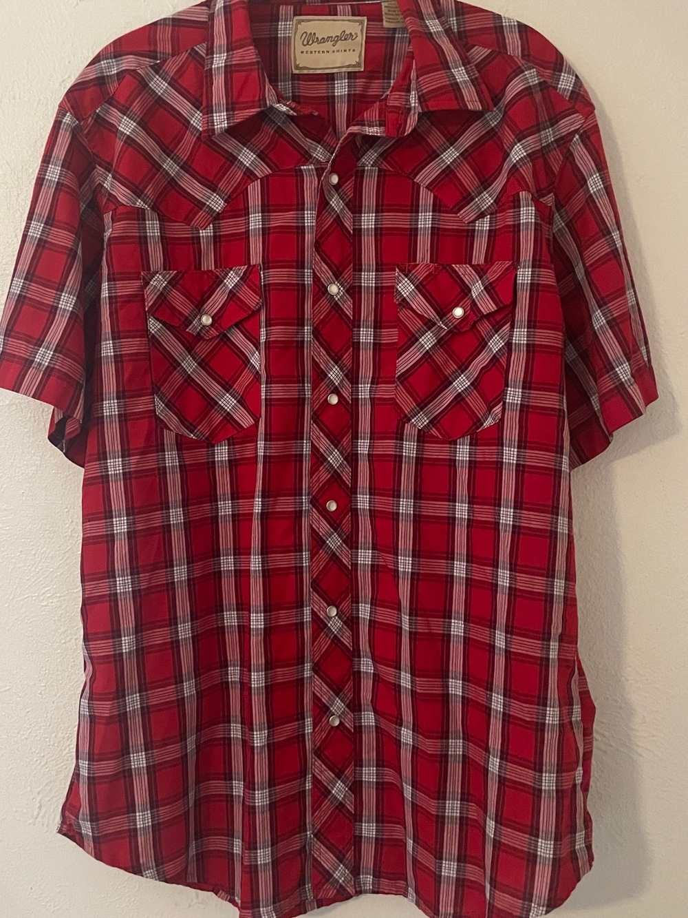 Wrangler Western Pearl Snap Plaid Short Sleeve Shirt Red White Black L NWOT